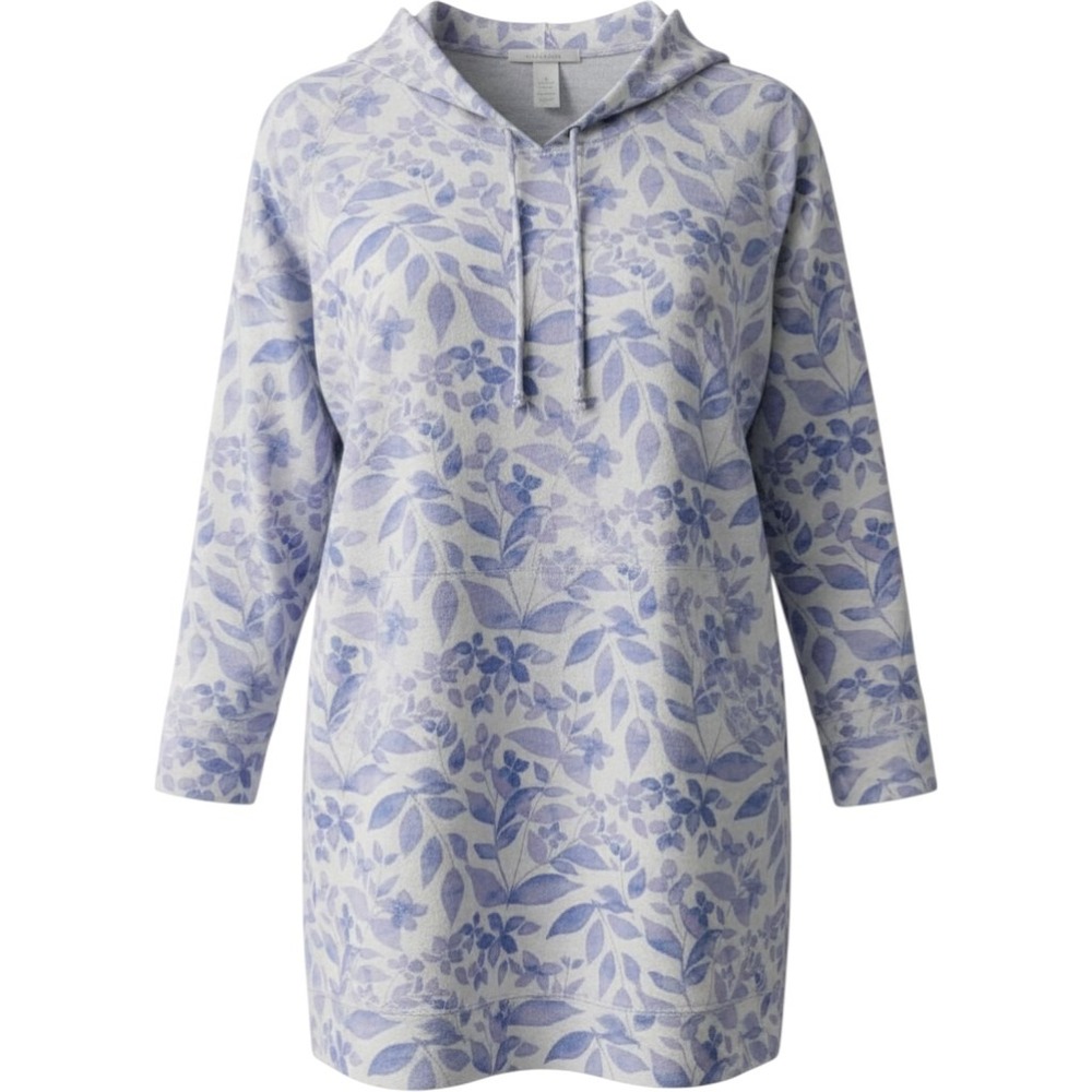 Chicos Purple Blue Botanical Leaf Print Hooded Pullover Top Size 3 Large XL